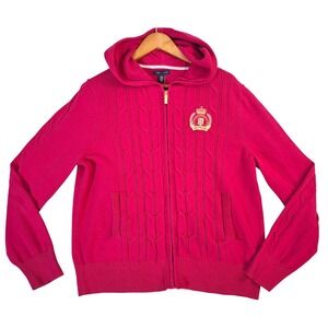 Tommy Hilfiger Ribbed Hooded  Sweater Women's XL Pink Cozy Zip-Up Cable Knit